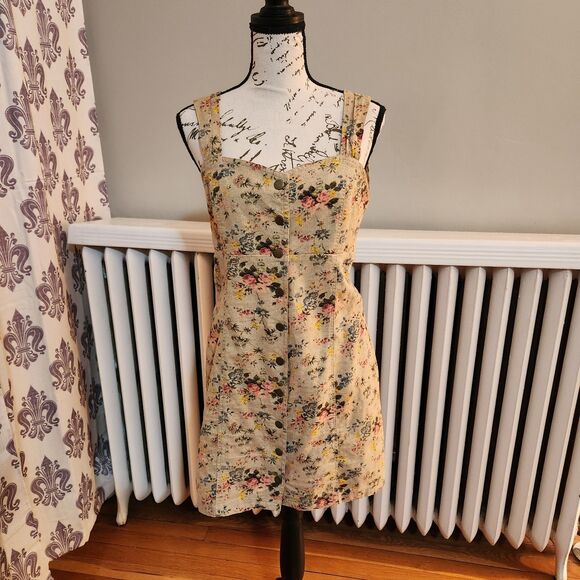 Laura Ashley & Urban Outfitters Button-Front Mini Dress Tan Floral Linen Sz M - Picture 3 of 9